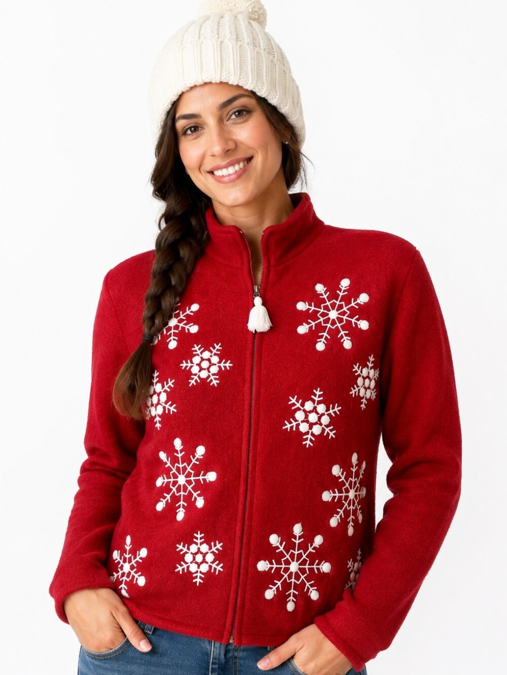 Vtg Lisa Int. wool red snowflake cardigan boiled wool winter wonderland sz L